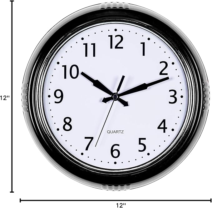Bernhard Products Black Wall Clock Retro Silent Non Ticking 12 Inch Round Battery Operated Quality Quartz Easy to Read for Home Kitchen Office Classroom School Clocks Sweep Movement Vintage Décor