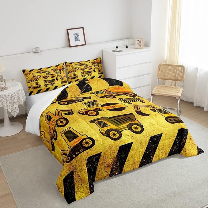 Boys Excavator Bedding Set Queen Size Kids Construction Vehicles Comforter For Kids Children Cartoon Machinery Truck Comforter Set Construction Site Cars Tractor Duvet Set 3Pcs With 2 Pillow Cases