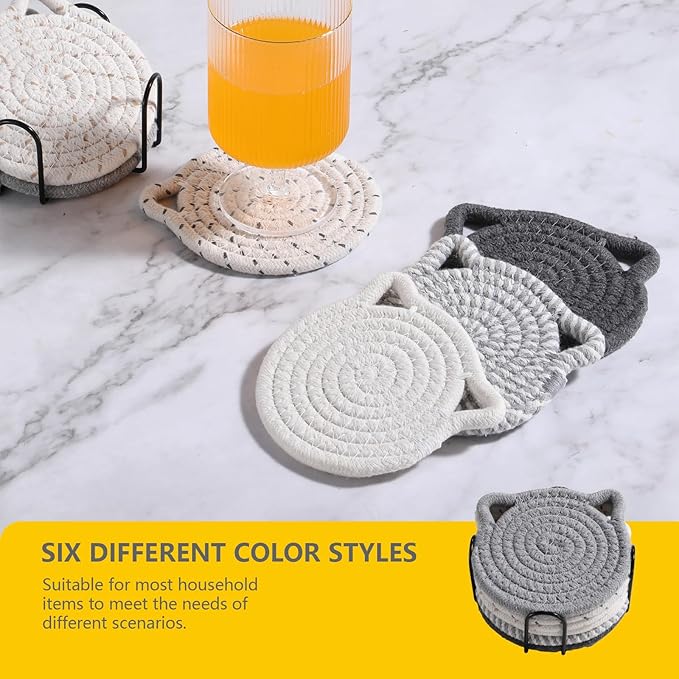 Adorable Cat Decor Drink Coasters: Set of 6 Cotton Coasters for Lovers, Funny and Novelty Office Supplies, Housewarming Gift, Gray