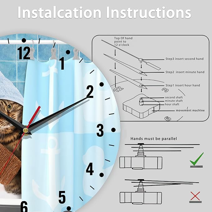 SPUNKER Wall Clock,Bathing Cat Kitchen Wall Clock,Cute Funny Clocks 10 Inch Silent Non-Ticking Wall Battery Operated for Living Room Bedroom Bathroom Laundry Room Decor