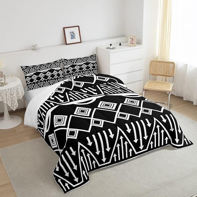 Boho Aztec Bedding Set King Size Black and White Comforter Set Exotic Morden Triangle Lattice Down Comforter Tribal Minimalism Room Decor 3 Pieces Quilted Duvet for Adult Men Women