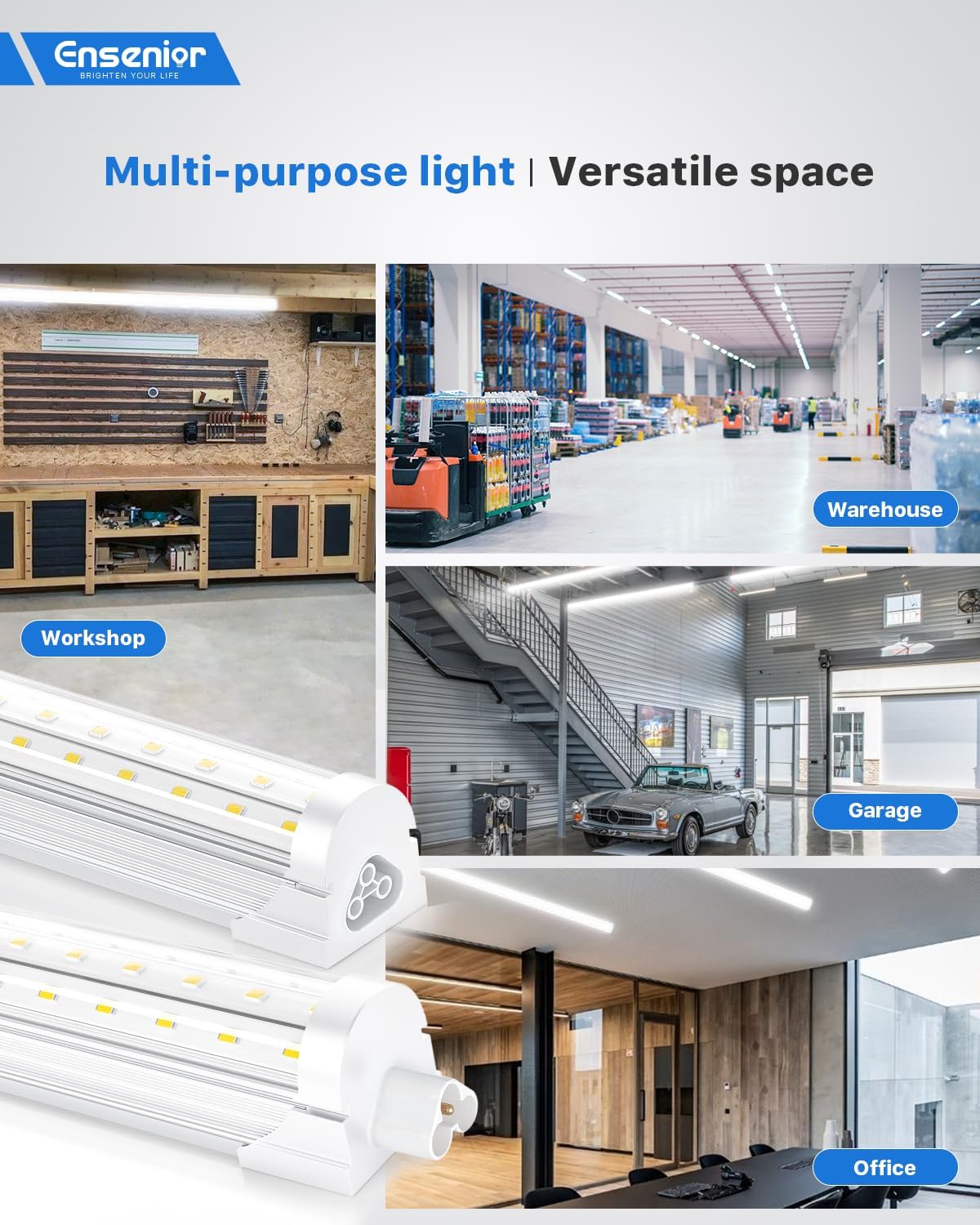 Ensenior 6 Pack 4 FT Led Shop Lights, 6000K Clear White, 5000LM Super Bright, 36W Equivalency 468W, Commercial Bay Lighting, U-Shaped Linkable Shop Lights Plug in for Garage, Workshop, FCC Certified