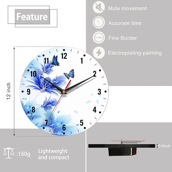 SPUNKER Clocks for Living Room,Blue Butterfly 10 Inch Wall Clock,Lily Flower Small Battery Operated Wall Clocks Decorative for Kitchen/Living Room/Bedroom/Bathroom/Dining Room
