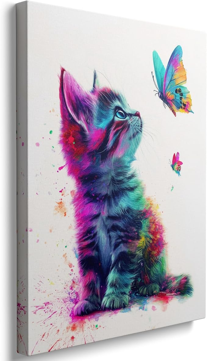 Ypxzzj Framed Butterfly Cat Canvas Wall Art & Decor for Cat Lover Gifts,Cat Wall Decor for Women Girls Bedroom Toddler Baby Room decoration,Cute Cat Poster for Nursery Home Decor
