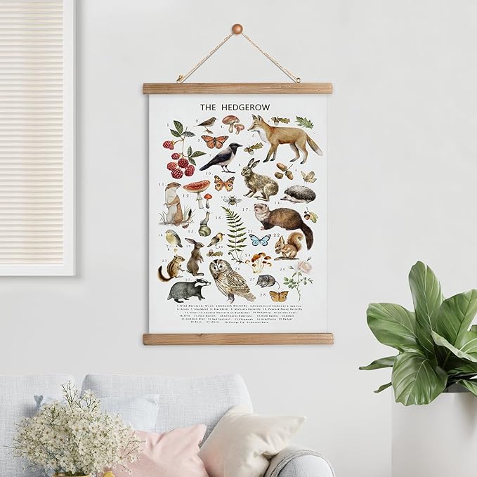 XIAOAIKA British Hedgerow Wildlife Educational Poster - Illustrated Nature Chart with Wooden Frame - Countryside Animals and Plants Wall Art for Home, School, or Nature Reserve Decor 12 x 16 Inches