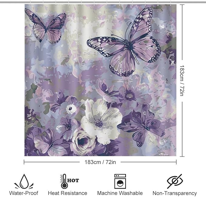 Brebasf Abstract Beautiful Animal Butterfly Shower Curtain Set Bathroom Set Decorative Minimal Rustic Watercolor Boho Purple Floral Butterfly 4 Piece Shower Curtain, Toilet Cover, U-Mat, Floor Mat