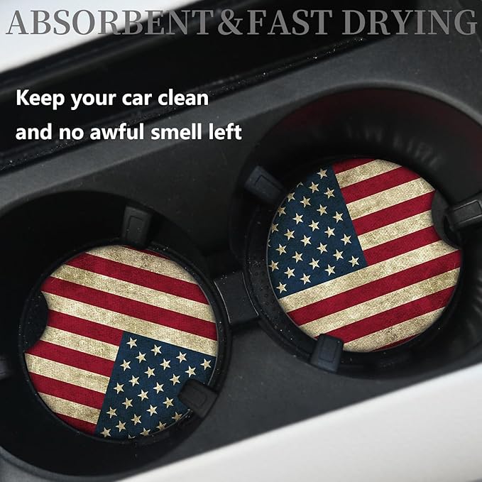 Car Coasters for Cup Holders,Car Cup Holder Coasters, 2 Pack Cup Holder Coasters for Car, Anti Slip Rubber Car Cup Mat with A Finger Notch, Cute Car Interior Accessories for Women 2.75" American Flag