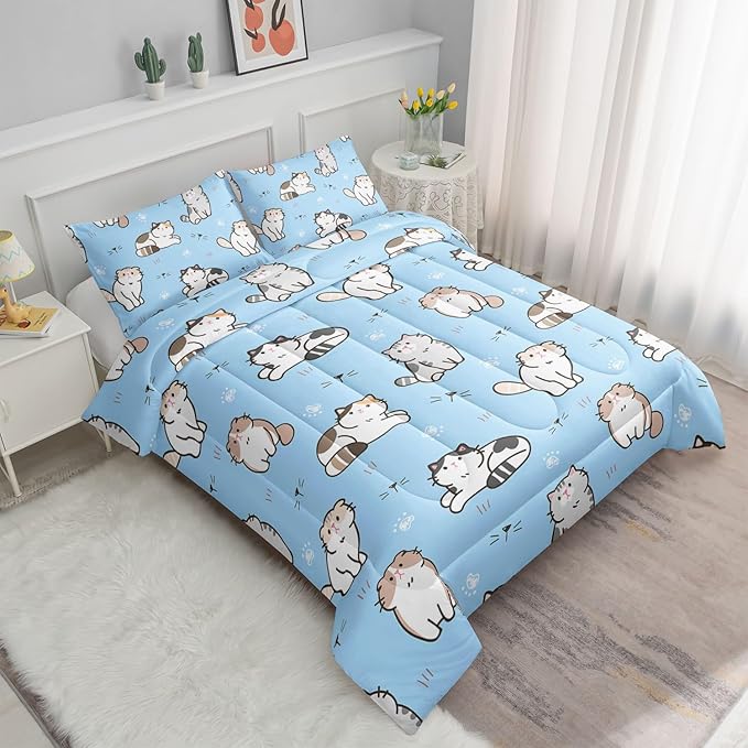 Blue Kawaii Cat Comforter Bedding Set for Girls Lovely Kitten Print Cute Animal Pattern with 1 and 2 Pillowcases Bedroom All Season(Cat Full), Full 80x90inches