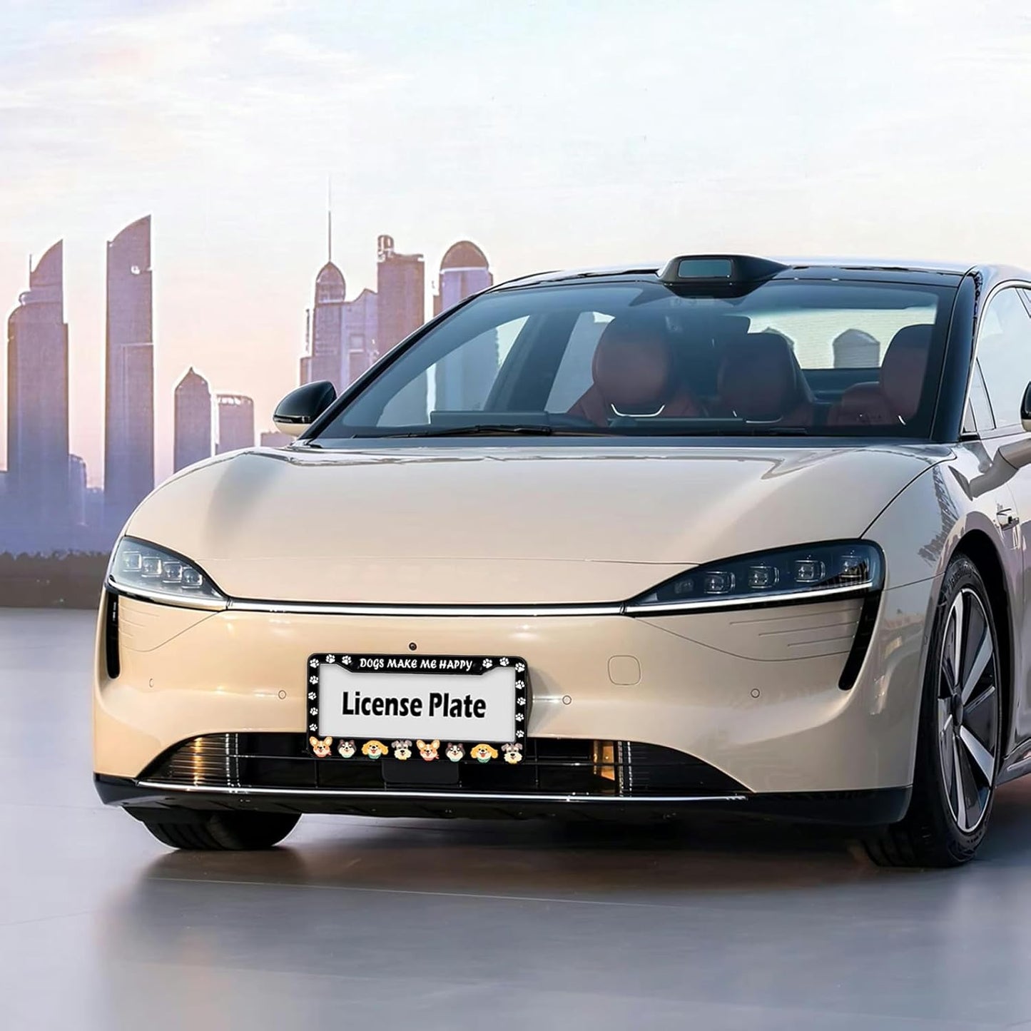 Dogs License Plate Frame, Lovely Puppies Dogs Paws Printed License Plate Holder Cover, Dogs Make Me Happy Metal Aluminum Rustproof Car Accessories for Women Men 2 Holes with Screw Caps