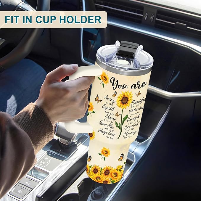 Sunflower Gifts for Women - Christian, Religious Gifts for Women - Encouragement Gift for Woman on Birthday, Mothers Day, Christmas - Sunflower Tumbler 40 oz with Handle & Straw
