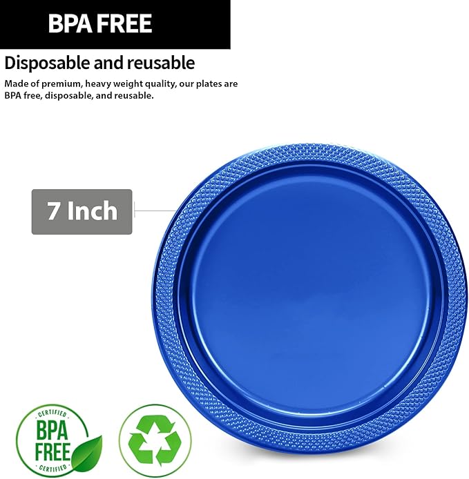 Blue Plastic Plates 7 Inch - 600 count Solid Round Party For Weddings, BBQs, Birthday Disposable Dessert (82270 (case))