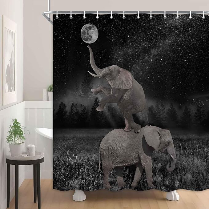Boziqr Funny Shower Curtains for Bathroom, Cute Elephant Moon Forest Bath Curtain, Rustic Farmhouse Decor Polyester Fabric Fun Cool Animals Black 70 x 78 Inches
