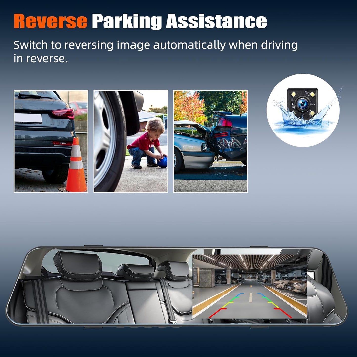 Mirror Dash Cam 4.7 Inch Rear View Mirror 720P Front and Rear View Dual Cameras with Super Night Vision,Parking Assistance,Loop Recording,24H Parking Monitor, Waterproof Backup Camera