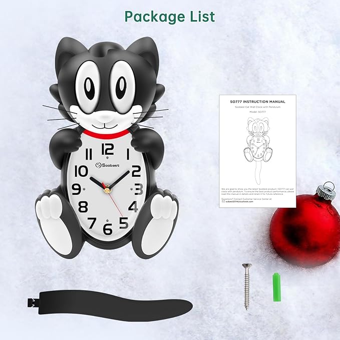 Soobest 18 Inch 3D Large Cat Wall Clock Battery Operated Silent Non Ticking with Moving Eyes and Pendulum Tail, Retro Kids Analog Wall Clock for Gift Decor Black