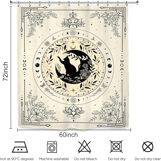 Black Cat Shower Curtain 60Wx72L Inch Gothic Moon Phase Flower Witchy Stars Mystic Celestial Beige Tarot Bathroom Set Accessories Decor with 12 Pack Hooks