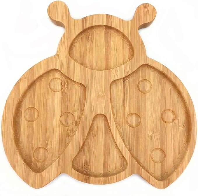 4916, Bamboo Food Plates for Snacks, Appetizer, Fruit, Vegetable - Divided Four Compartments, Eco-Friendly, Ladybug Shaped, 8x8.25 inches, 1 Pack