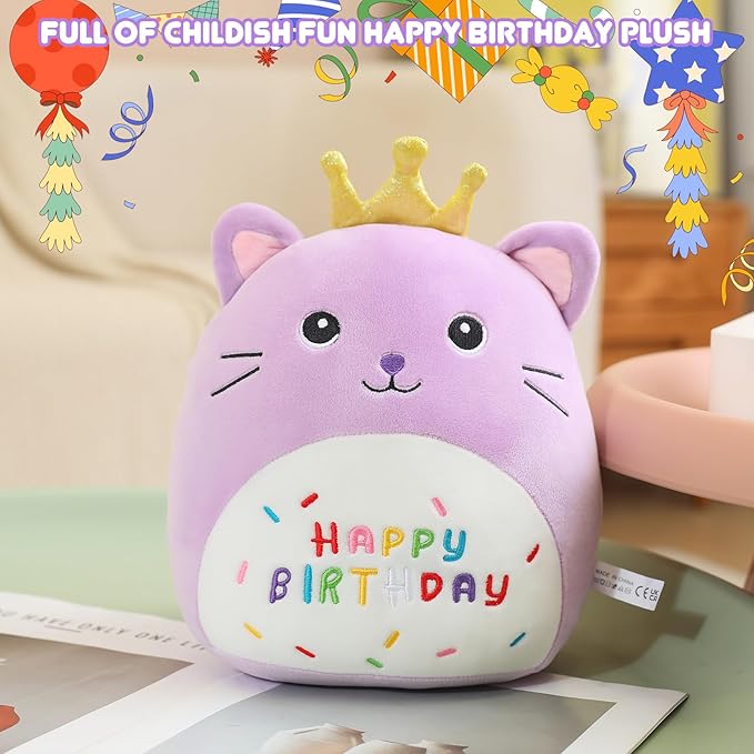 SQEQE Cat Stuffed Animal Kawaii Cat Plushie with Golden Crown Soft Kitty Stuffed Toy Birthday Party Decoration Gift for Kids Girls Boys(Purple Caticorn,10 Inch)