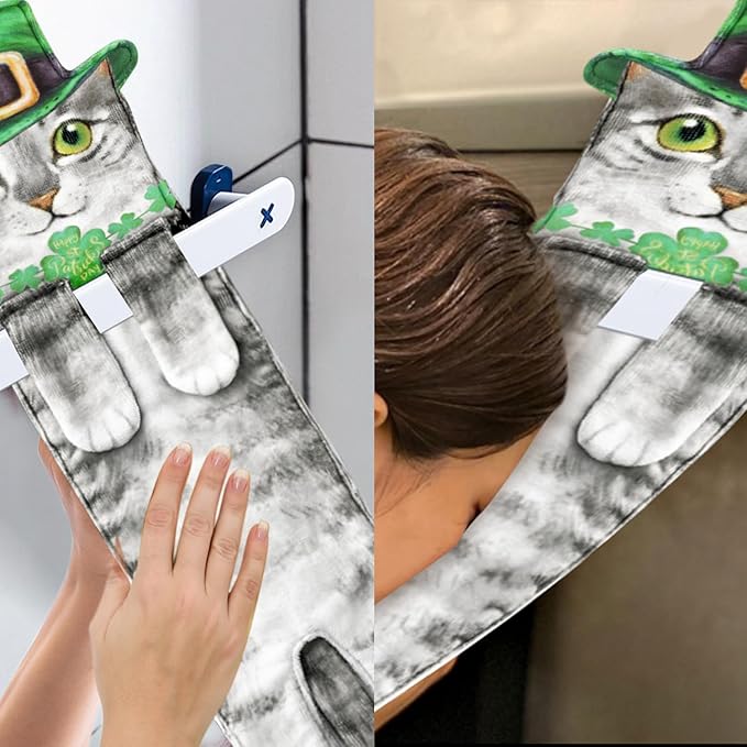 St Patrick Day Cat Hand Dish Towels- Shamrock Garland St Patricks Day Decorations Decor for Home Kitchen Bathroom-Mothers Day Housewarming Birthday Gifts for Women Cat Lovers