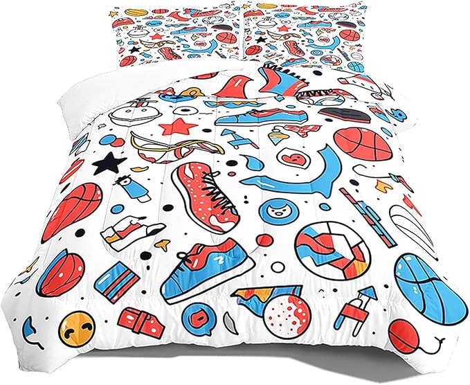 Sports Adventure Comforter Set Full Size Cartoon Basketball Baseball and Football Designs Bedding Set for Teens Kids Boys Girls Room Decor 1 Comforter and 2 Pillow Cases
