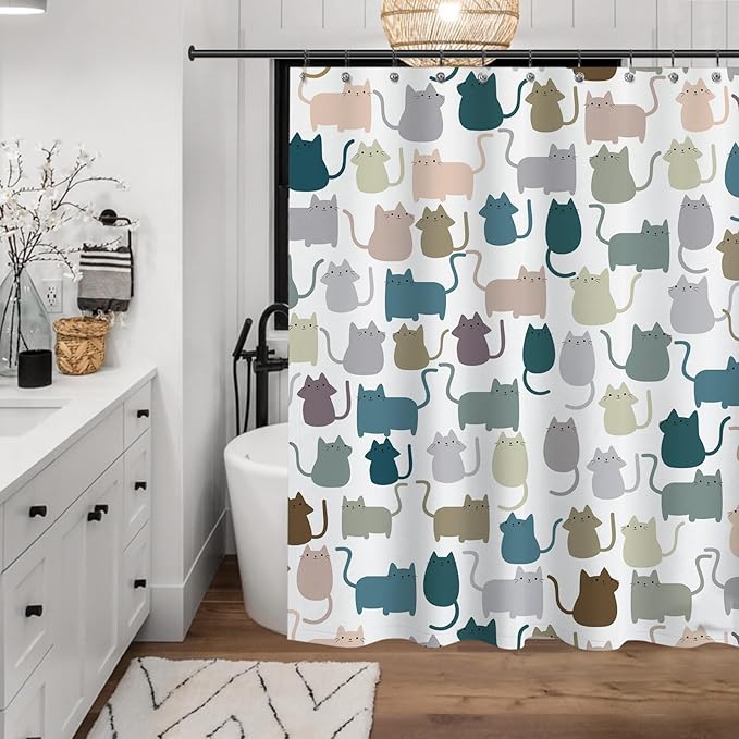 Sunlit Design Extra Long Lovely Multicolor Cartoon Cats Fabric Shower Curtain, Cute Cats Bathroom Decoration Curtains