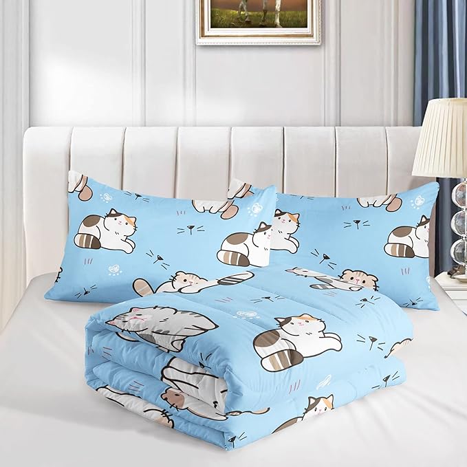 Blue Kawaii Cat Comforter Bedding Set for Girls Lovely Kitten Print Cute Animal Pattern with 1 and 2 Pillowcases Bedroom All Season(Cat Full), Full 80x90inches