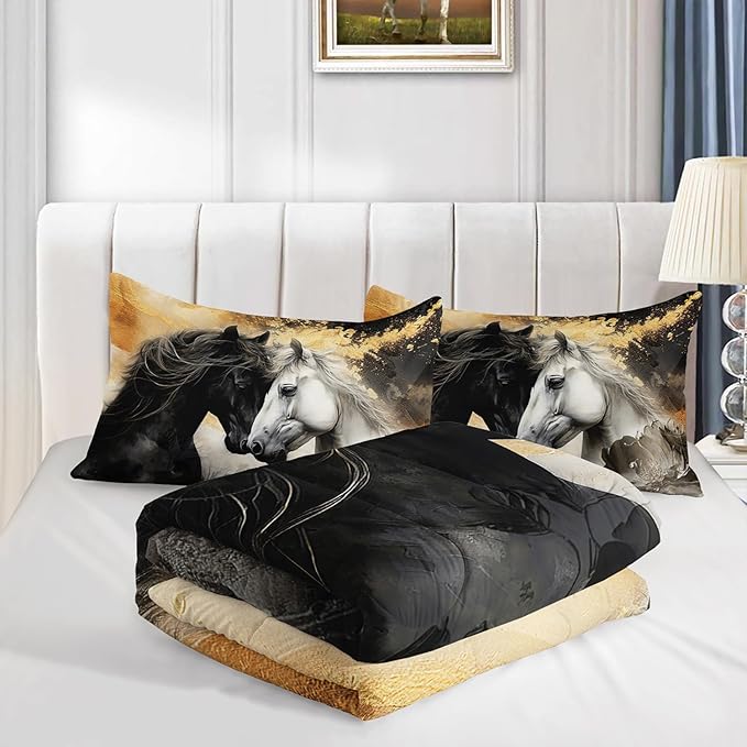 Black White Horses Comforter Set Queen Size,Golden Ink Painting Flora Bedding Set for Kids and Adults Bedroom Horse Decor,Wild Animal Theme Art Aesthetics Comforter Set with 2 Pillowcases.