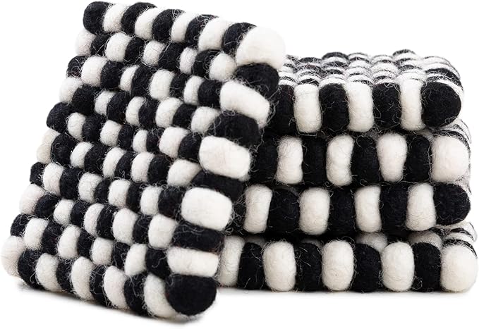 Square Felt Ball Coasters - 100% Merino Wool Table Coasters - Felt Coaster Pads, Absorbent Trivet for Drinks - Heat Resistant, Thick & Durable Hand Felted in Nepal by Woolygon- Multicolor - Set of 5