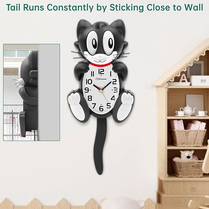 Soobest 18 Inch 3D Large Cat Wall Clock Battery Operated Silent Non Ticking with Moving Eyes and Pendulum Tail, Retro Kids Analog Wall Clock for Gift Decor Black