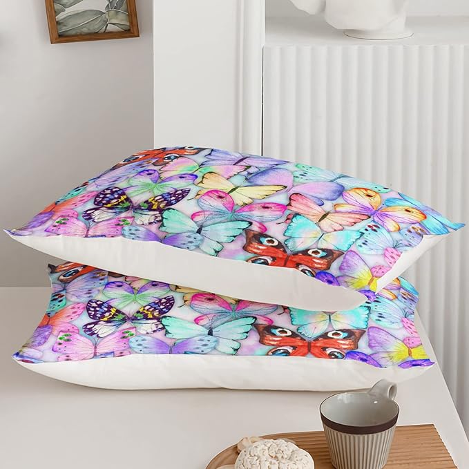 BSNTHO Blue Butterfly Comforter Set Watercolor Tie Dye Bedding Set Flying Butterflies Printed Duvet for Girls Queen 1 Comforter 2 Pillowcases for All Season