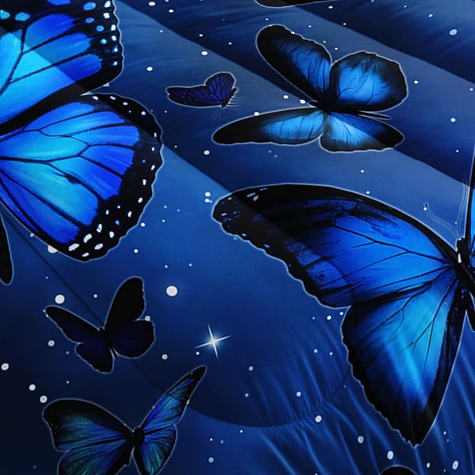 Butterfly Comforter Set for Girls Women - Bright Blue Butterflies in Sky with Stars Printed Bedding Set With 2 Pillowcases (Twin)