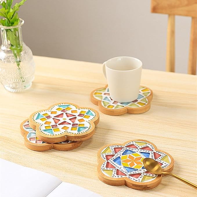4PCS Mosaic Bamboo Coasters for Crafts, Blank Base Trays, Drinking Cup Coaster, Plant Coaster, Art Plate,DIY Mosaic Supplies (Deer)