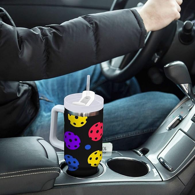 Boccsty Rainbow Pickleball Balls Insulated Tumblers Reusable Stainless Steel Tumbler 30 oz Cup Coffee Travel Mug Water Bottle with Handle & Flip Straw for Home Office Car