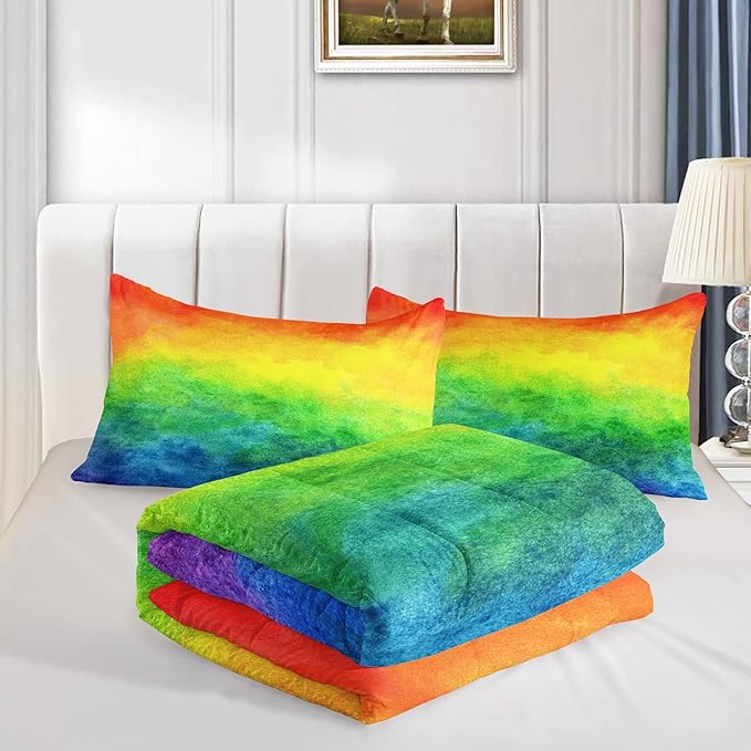BSNTHO Rainbow Comforter Set Girls Colorful Bedding Set for Kids Teens Tie Dye Down Comforter Pastel Quilt Rainbow Duvet 3Pcs Queen Size Lightweight Ultra Soft Microfiber