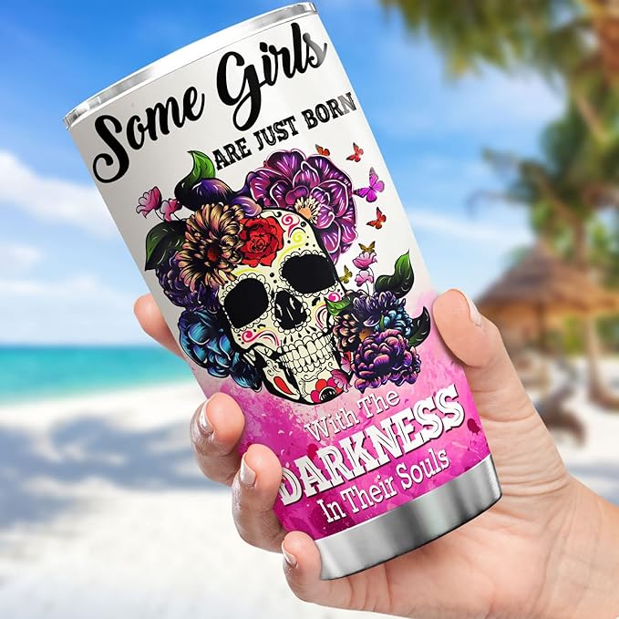 Skull Tumblers For Women Some Girls Are Just Born With The Darkness In Their Souls Flowers Skulls Stainless Steel Coffee Cup Mug With Lid 20oz Cool Skull Themed Items