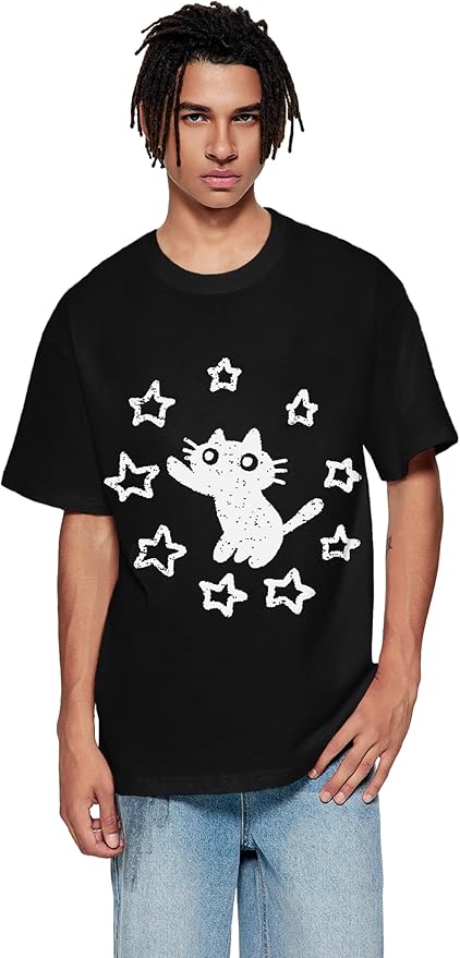 Vamtac Graphic Tees Unisex Loose Star Cat Print Tee Casual Summer Y2k Shirt Cute Short Sleeve Cotton Top