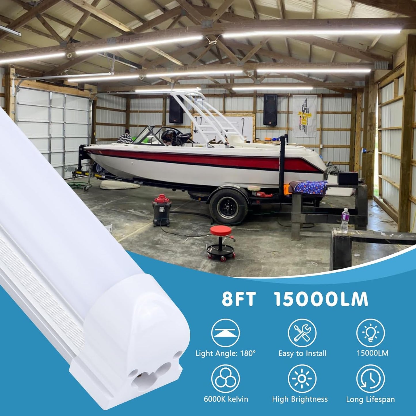 12 Pack,Led Shop Lights, 8FT Led Shop Light,100W 6000K 15000LM Clear White Frosted Cover,Led Shop Light 8FT 110V Linkable Integrated Flat-Shape for Shop Garage,Warehouse,