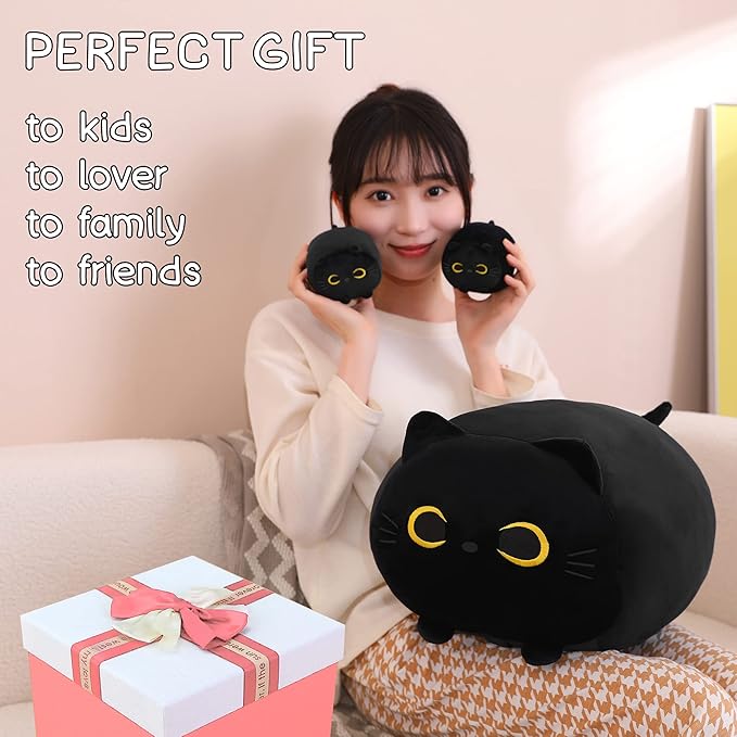 SQEQE Black Cat Plush, Cat Stuffed Animals Plushie with 4 Cute Babies Cat Plushies in Her Tummy, Soft Plushie Pillow Gifts for Kids