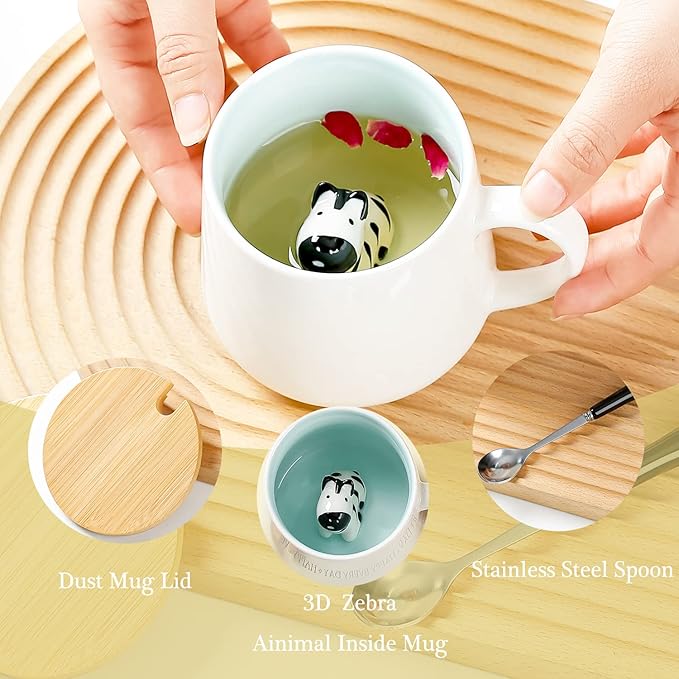 BigNoseDeer Zebra Mug Cute Mugs with 3D Zebra Inside Ceramic Coffee Mug Tea Cup with Spoon and Lid Cool Stuff Birthday Mother's Day Cute Gifts for Women Kids 12oz(Zebra)