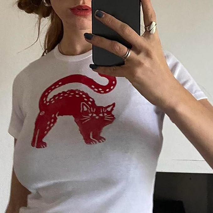 Y2k Graphic Baby Tees for Women Funny Kitten Shirt Tops Aesthetic Fairy Grunge Crop Top 90s 2000s Vintage Clothing