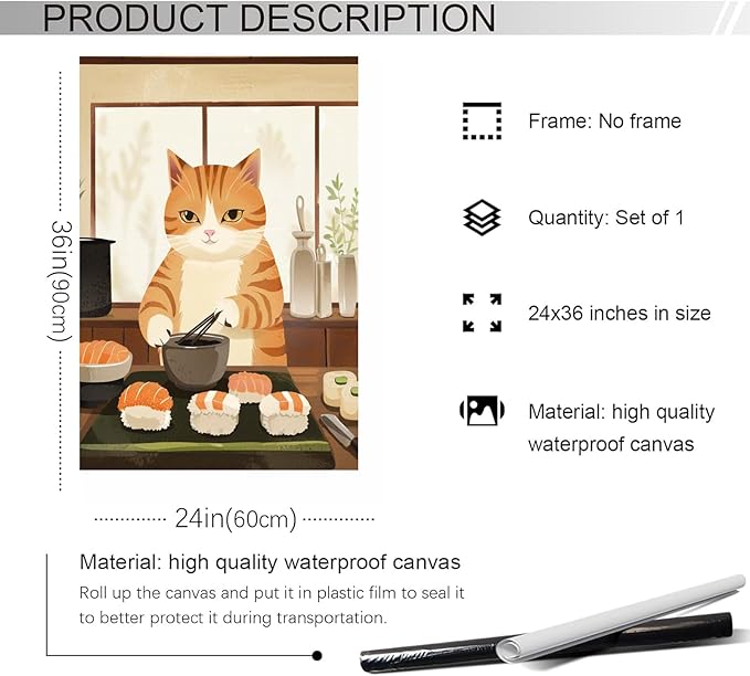 Vintage Cat Chef Kitchen Poster,Funny Food Canvas Wall Art,Cute Cat Cooking Sushi Print, Retro Kitchen Wall Decor, Whimsical Kitchen Art for Home, Dining Room, Cafe 24x36 in Unframed