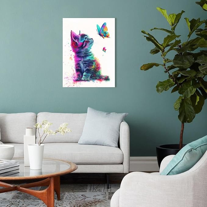 Ypxzzj Framed Butterfly Cat Canvas Wall Art & Decor for Cat Lover Gifts,Cat Wall Decor for Women Girls Bedroom Toddler Baby Room decoration,Cute Cat Poster for Nursery Home Decor