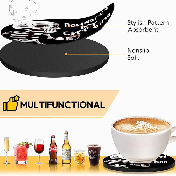 Swooflia Coasters for Drinks Coffee Table, Skull Coffee Powered Funny Black Silicone Absorbent Cup Coaster Set Housewarming Kitchen Home Wooden Desk Office Bar Tabletop Decor 6 Pack