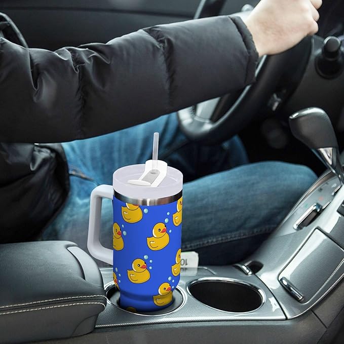 Boccsty Rubber Yellow Duck Blue Insulated Tumblers Reusable Stainless Steel Tumbler 40 oz Cup Coffee Travel Mug Water Bottle with Handle & Flip Straw for Home Office Car