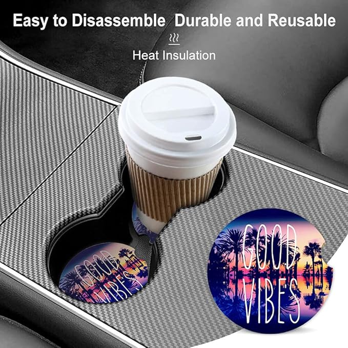 Summer Trees Absorbent Car Coasters,Good Vibes Ceramic Cup Holders Coasters with a Finger Notch for Women Men 2.56"(2 Pieces)