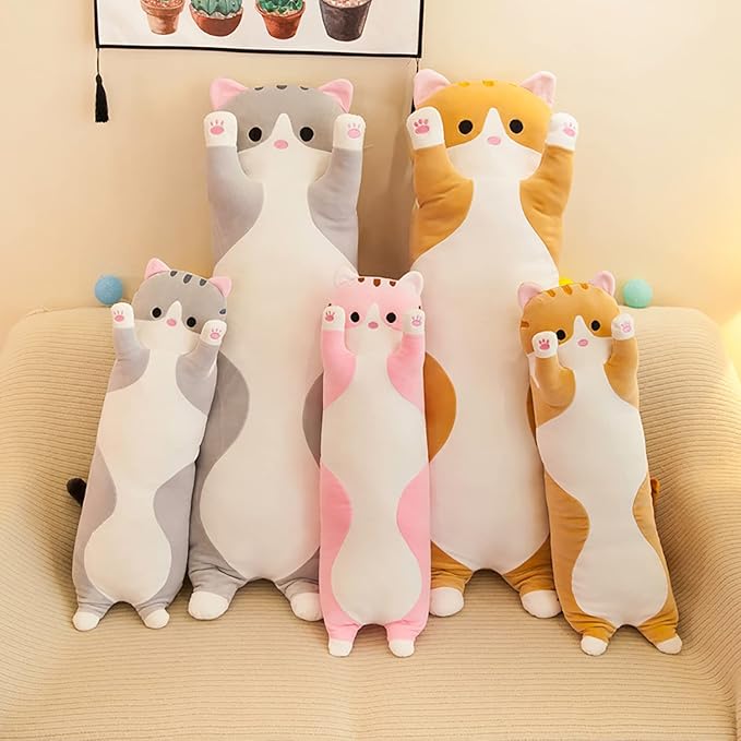 Soft Cat Plush Long Stuffed Animal Sleeping Pillow - Cotton Kitten, Cute Long Body Pillow, Gift for Kids, Girlfriend (19.7inch/50cm, Pink)