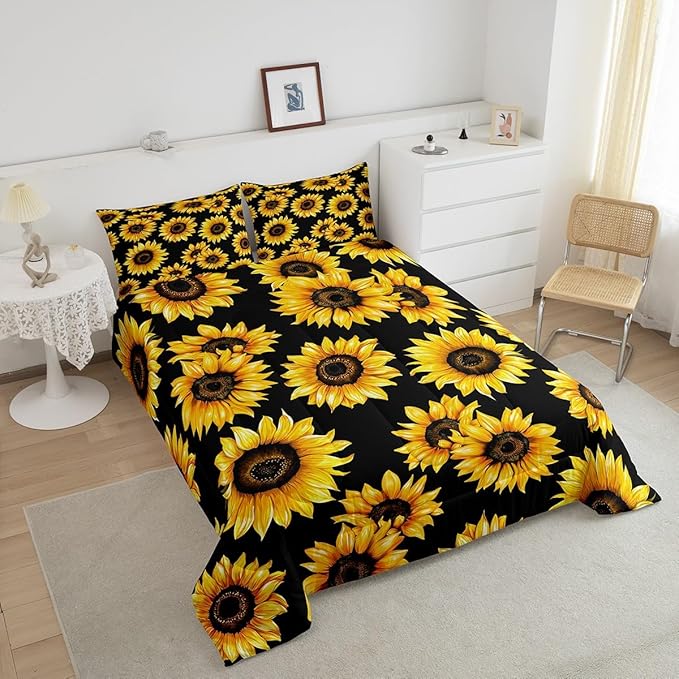 Sunflowers Comforter Set - Black & Yellow Sunflowers Print Bedding Set Twin Size for Kids Girls Women Room Decor,Cute Floral Bedding, 1 Soft Reversible Botanical Flowers Comforter and 1 Pillow Sham
