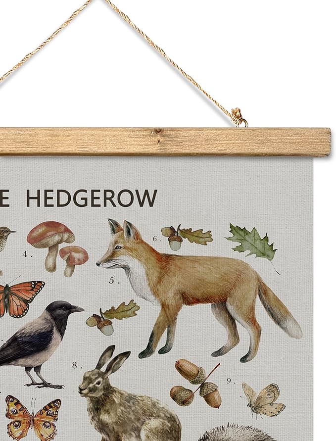 XIAOAIKA British Hedgerow Wildlife Educational Poster - Illustrated Nature Chart with Wooden Frame - Countryside Animals and Plants Wall Art for Home, School, or Nature Reserve Decor 12 x 16 Inches