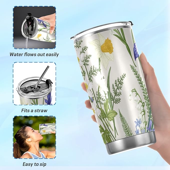 Tumbler Garden Flower Purple White Insulated Coffee Cup Beverage Container Travel Mug with Straw and Lid Double Wall Stainless Steel 20oz Office, Back to School