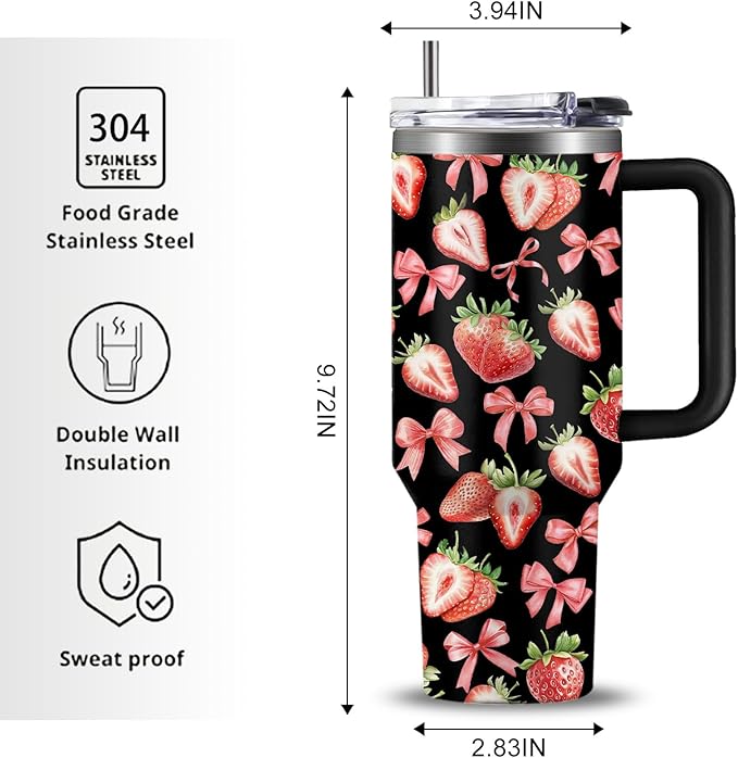 Strawberry 40 oz Tumbler with Handle and Straw - Double Wall Vacuum Insulated Coffee Cup Keeps Drinks Cold & Hot - Strawberries Festival Birthday Gifts for Strawberry Lovers Girls Women Sister