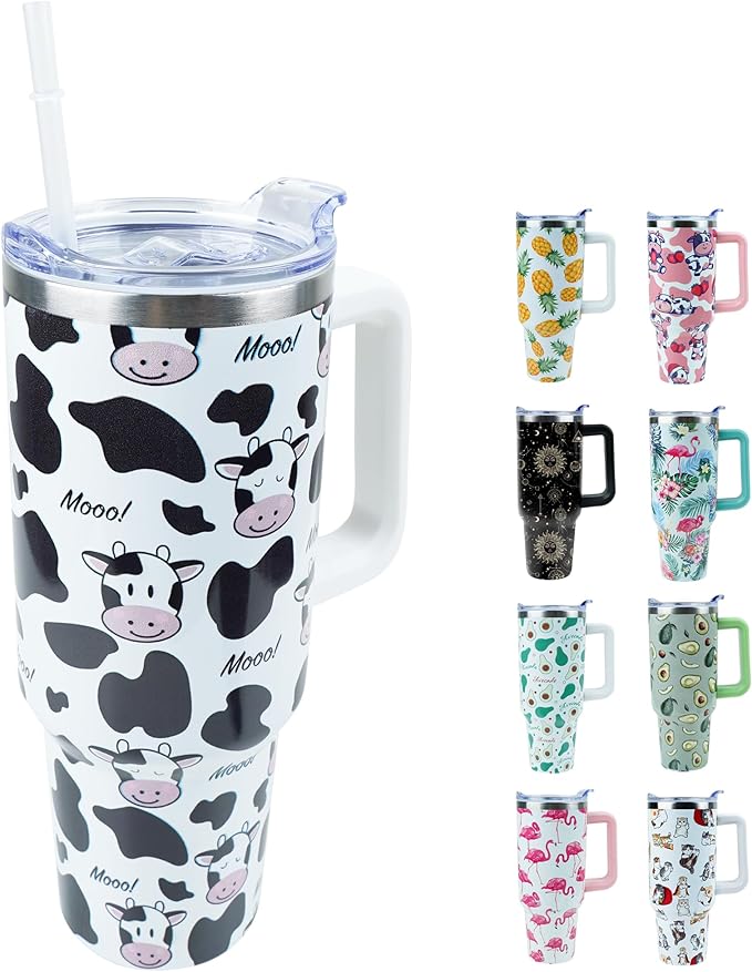 40 oz Tumbler with Handle and Straw, Stainless Steel Insulated Cup with Leak Proof Lid and Straw Lid, Keep Drinks Cold and Hot for Hours(Cow)